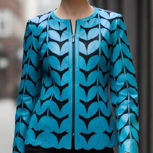 Shirt for Women Sheer Jacket Leather Outfit Tops Blouses Handmade Leaf Pattern
